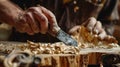 Sculptor hand working with wood carving with chisel making sculpture Royalty Free Stock Photo