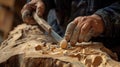Sculptor hand working with wood carving with chisel making sculpture Royalty Free Stock Photo