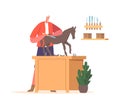 Sculptor Male Character Carves Wooden Horse Using Chisel. He Carefully Shapes The Wood, Cartoon Vector Illustration