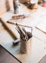 Sculptor`s art workshop details, srtist`s studio accessories Royalty Free Stock Photo