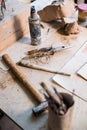 Sculptor`s art workshop details, srtist`s studio accessories Royalty Free Stock Photo