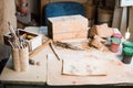 Sculptor`s art workshop details, srtist`s studio accessories Royalty Free Stock Photo