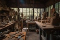 sculptor's workshop, with tools and materials on display