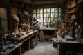 sculptor's workshop, with tools and materials on display