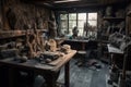 sculptor's workshop, with tools, materials and half-finished work on display