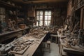 sculptor's workshop, with tools, materials and half-finished work on display