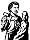 Sculptor working with a hammer and chisel on a stone figure in a creative workspace Royalty Free Stock Photo