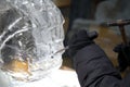 Close up of ice sculptor work Royalty Free Stock Photo