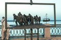 The sculptural composition `Barge Haulers on the Volga`. Evening view. Volga river embankment, Samara.