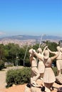 Barcelona, Spain, August 2016. The sculptural composition of the Catalans dancing the national dance and view of the city.