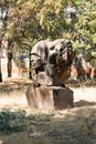 Armenia, Echmiadzin, September 2021. Sculpture with the head of an Armenian priest in the park.