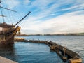 The front of the frigate with a golden statue and a golden lion Royalty Free Stock Photo