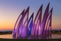 Sculptural group `Sails` with changing colors at sunset in Ashdod,