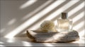 Sculptural perfume flacon positioned on driftwood with a delicate rose, bathed in soft sunlight Royalty Free Stock Photo