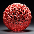 Sculptural Precision: Triangular Red Ball With Spiral Vines