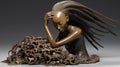 A sculptural representation of a young Asian woman grappling with hair loss, her hand, AI generated