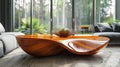 Sculptural wooden coffee table, blending seamlessly with a contemporary living space