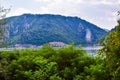 Sculpture bas-relief of the Dacian king Decebal, located on the rocky bank of the Danube in Romania. View from the coast of Serbia