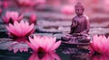 sculpture of buddha sitting on pink lotus lake Royalty Free Stock Photo