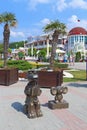 Sculpture of cartoon characters Crocodile Gene and Cheburashka on the waterfront of the Russian resort Kabardinka