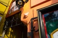 Sculpture of a cat on the facade of an old building on Prague street. Architecture of old Europe, details