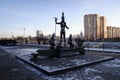 Sculpture Clockman Chelovek-chasy by Shemyakin in Serafim Sarovsky naberezhnaya of Shchelkovo, Russia.