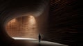 Monumental Scale: A Captivating Image Of A Man In A Curved Wooden Corridor