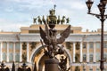 Sculpture eagle in crown, symbol of imperial Russia in front of palace in Petersurg.