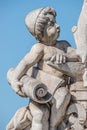 Sculpture of engineer and his scholar on Zoll Bridge in Magdeburg downtown, Germany, sunny day, blue sky