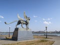Sculpture of a fabulous lion with wings on the bank of the Kazanka River in Kazan, Russia