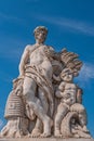 Sculpture of farmer and his scholar on Zoll Bridge in Magdeburg downtown, Germany, sunny day, blue sky Royalty Free Stock Photo