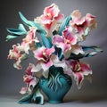 Hyper-realistic Maya Sculpture: Vase With Pink And Blue Flowers