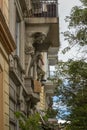 Sculpture of a football player of Fc St Pauli with a scarf on a balcony, Hamburg, Germany