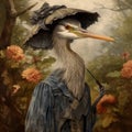 Realistic Landscape Illustration Of Young Female Heron In Victorian Style