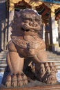 Sculpture of guardian lion close up. Buddhist temple of the Datsan Gunzechoyney