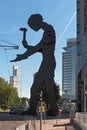 the sculpture, hammering man, designed by jonathan borofsky, near frankfurt exhibition area, frankfurt am main, germany Royalty Free Stock Photo