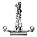 Sculpture have a small figure in the center and a lion holding a shield on the very top, vintage engraving