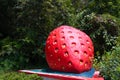 A sculpture of a huge red strawberry on the side of the road. Strawberry Farms District Symbol