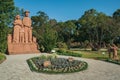 Sculpture of immigrant family in a garden