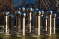 Pol Bury kinetic art in Brussels North business district, scultpure with cylinders and spheres in public space