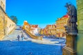 The sculpture of the Jan Nepomuck on the corner at Ke Hradu descent leading to Prague Castle, Czechia Royalty Free Stock Photo