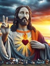 Sculpture of Jesus Christ made of pebbles at the beacj at sunset, asking for peace stop war concept Royalty Free Stock Photo