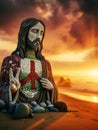 Sculpture of Jesus Christ made of pebbles at the beacj at sunset, asking for peace stop war concept Royalty Free Stock Photo