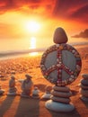 Sculpture of Jesus Christ made of pebbles at the beacj at sunset, asking for peace stop war concept Royalty Free Stock Photo