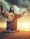 Sculpture of Jesus Christ made of pebbles at the beacj at sunset, asking for peace stop war concept Royalty Free Stock Photo