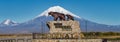 Sculpture of Kamchatka brown bear family She bear and bear cub, inscription: Here begins Russia. Kamchatka. Panoramic