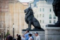 Sculpture of a lion near the Parliament building in Budapest