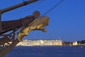 Sculpture of a lion on the nose of the sailing ship `Flying Dutchman` in a summer night in St. Petersburg