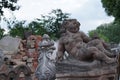 Sculpture of a lion with pigeon on top on weathered ancient wall in Siena, Tuscany, Italy