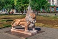 Sculpture of a Lion in the Square of Council Europe in Mykolaiv, close-up